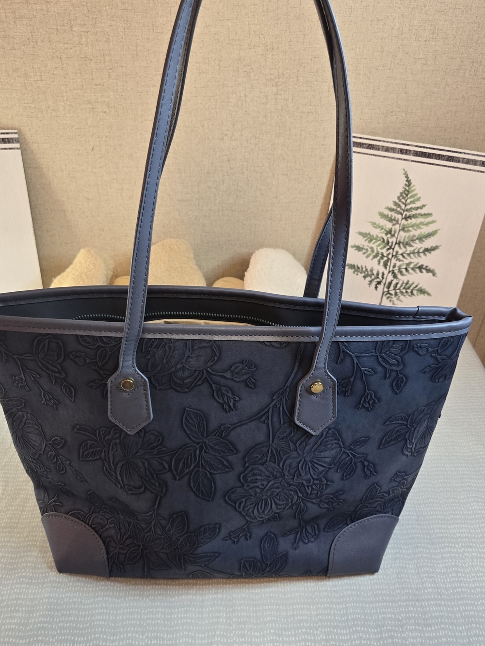 Navy Floral Embroidered Tote Bag